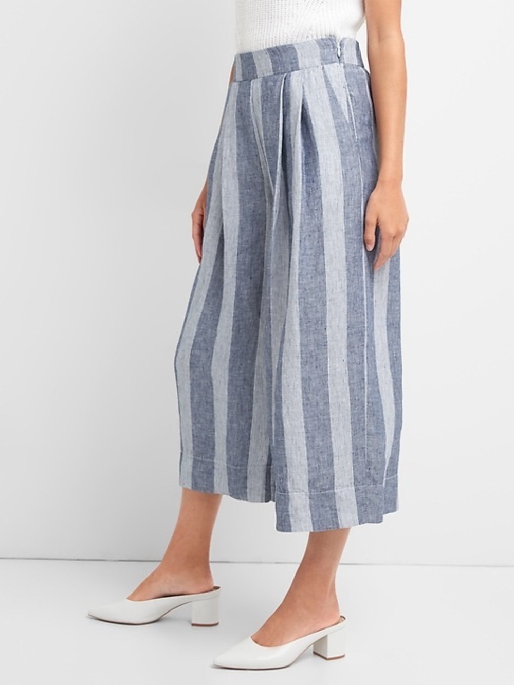 Gap Chambray Blue Striped Cotton Linen High Rise Cropped Pants Culottes 6